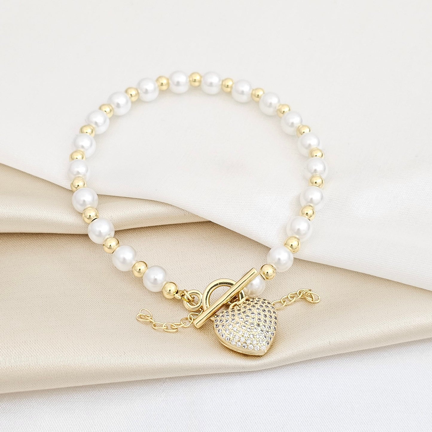 PULSERA PERLAS Y BALINES CON DIJE CORAZON CON CIRCONES RF K5747