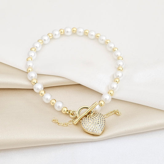 PULSERA PERLAS Y BALINES CON DIJE CORAZON CON CIRCONES RF K5747