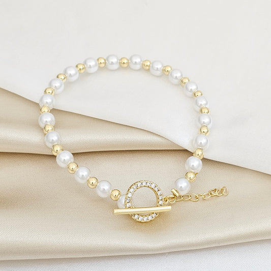 PULSERA PERLAS Y BALINES CON ARO CIRCONES DORADO RF K5749