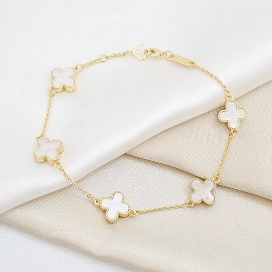 PULSERA AROS DORADO TREBOL GRANDE BLANCO RF K6278
