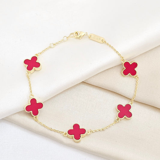 PULSERA AROS DORADO TREBOL GRANDE ROJO RF K6279