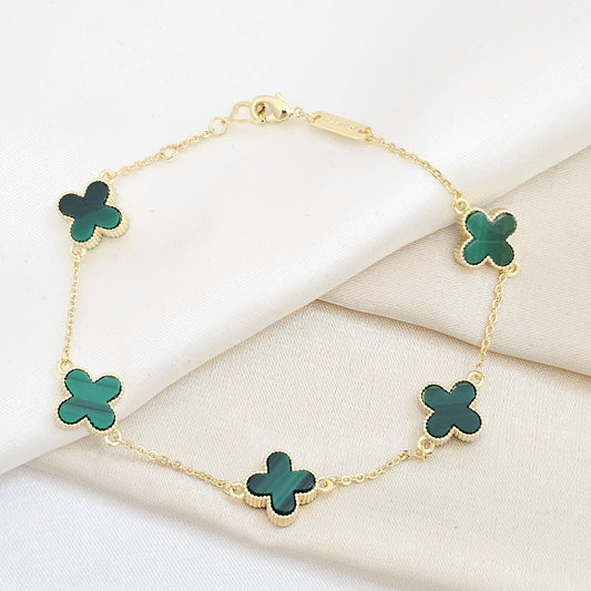 PULSERA AROS DORADO TREBOL GRANDE VERDE RF K6281
