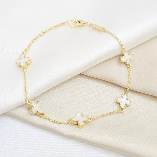 PULSERA AROS DORADO TREBOL MEDIANO BLANCO RF K6282