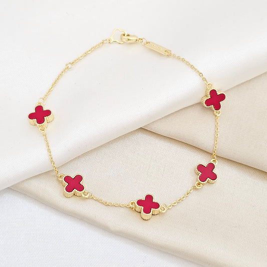 PULSERA AROS DORADO TREBOL MEDIANO ROJO RF K6283