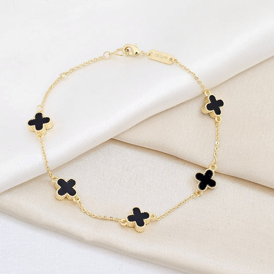PULSERA AROS DORADO TREBOL MEDIANO NEGRO RF K6284