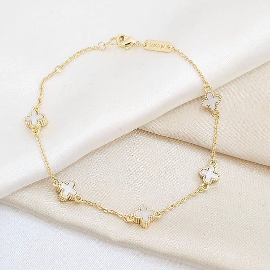 PULSERA AROS DORADO TREBOL PEQUEÑO BLANCO RF K6286
