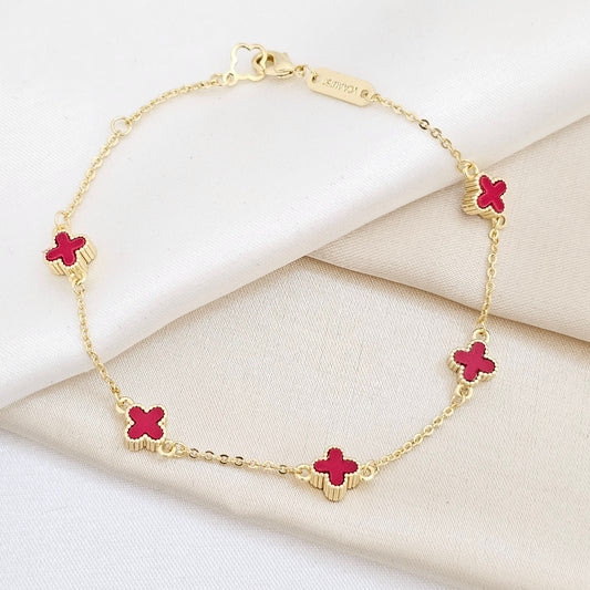 PULSERA AROS DORADO TREBOL PEQUEÑO ROJO RF K6287