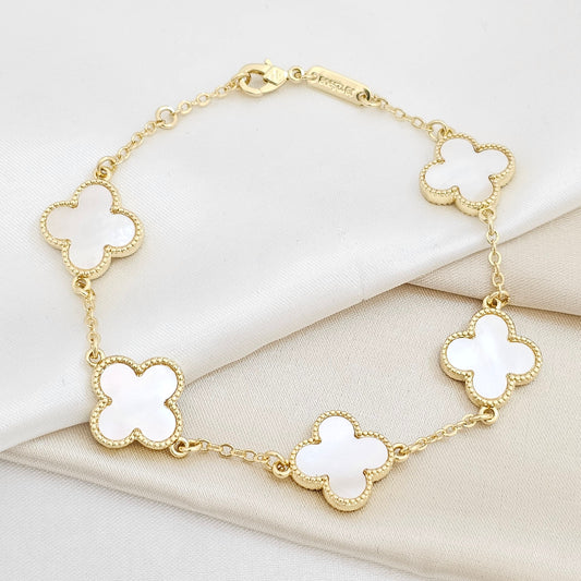 PULSERA TREBOL GRANDE DORADO Y BLANCO RF K6392