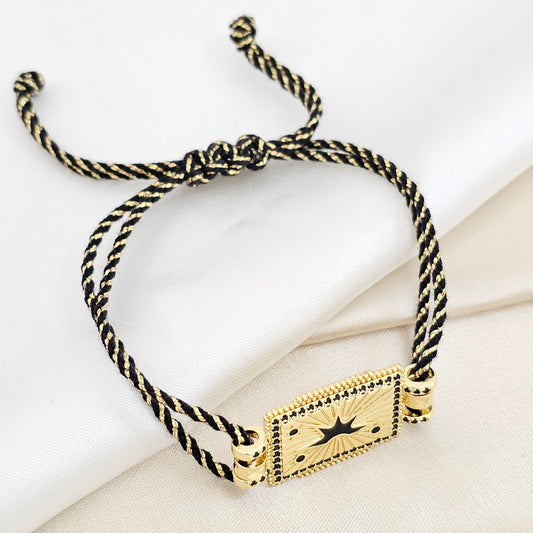 PULSERA CORDON NEGRO DIJE CUADRO CIRCONES NEGROS RF K6451