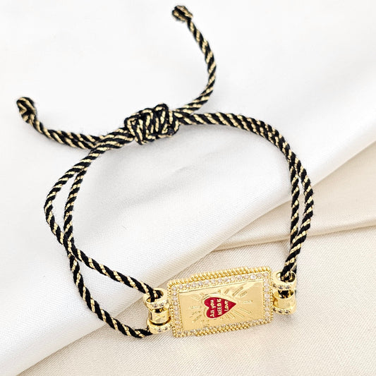 PULSERA CORDON NEGRO DIJE SAGRADO CORAZON ROJO RF K6452