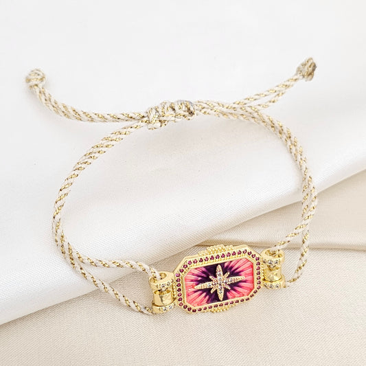 PULSERA CORDON BLANCO DIJE ESTRELLA ROSA Y DORADO RF K6453