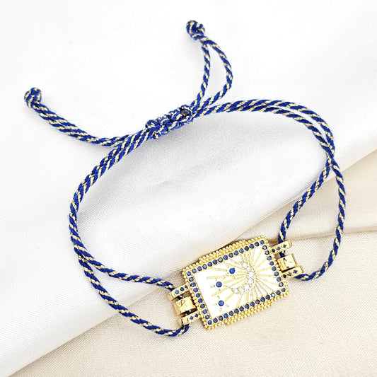 PULSERA CORDON AZUL DIJE LUNA CIRCONES AZULES RF K6456