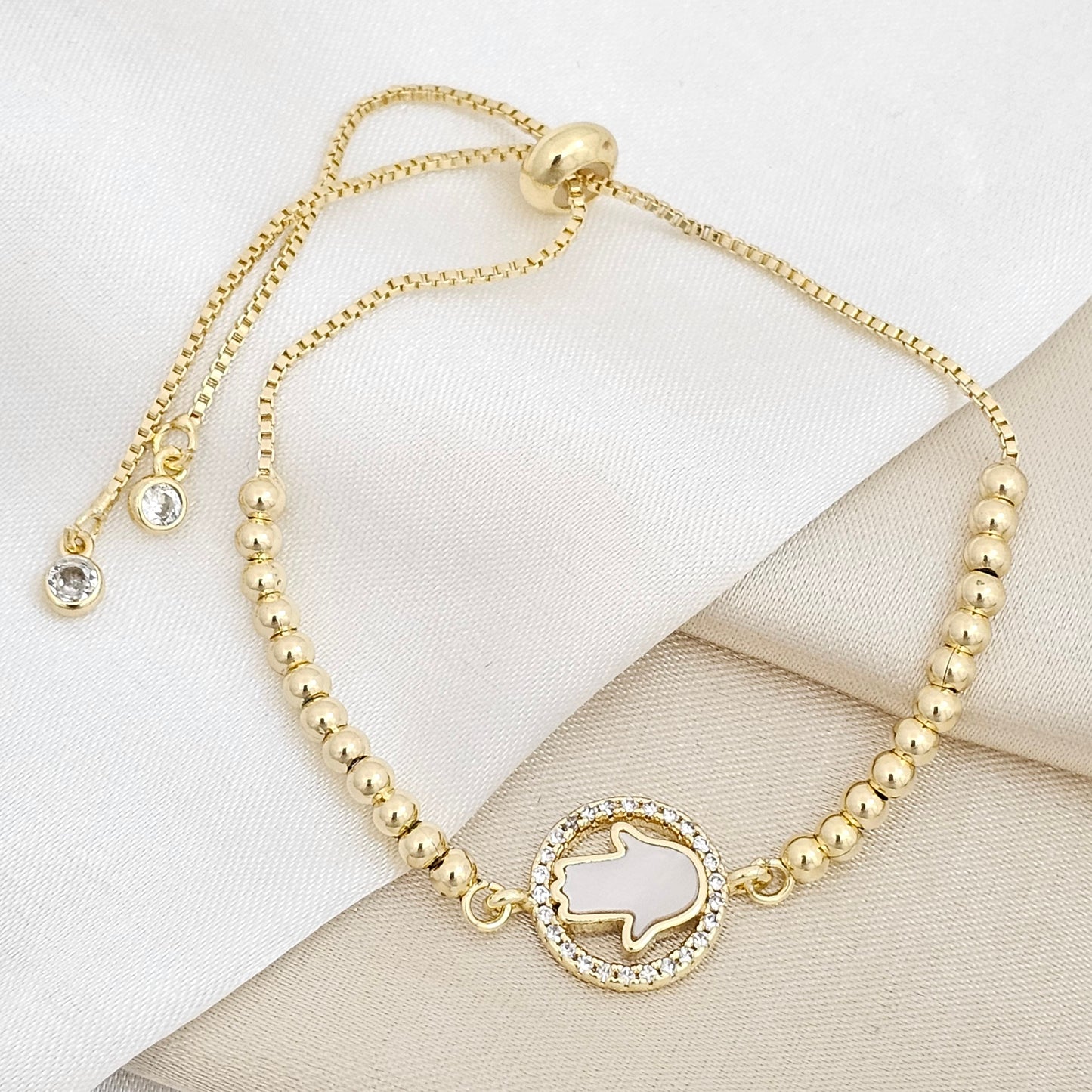 PULSERA CORREDIZA BALINES DIJE CIRCULO Y MANO FATIMA RF K6736