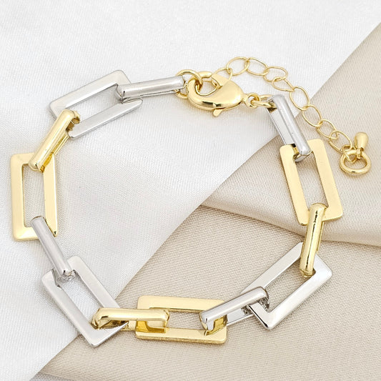 PULSERA AROS RECTANGULARES DORADO Y PLATEADO RF K6753