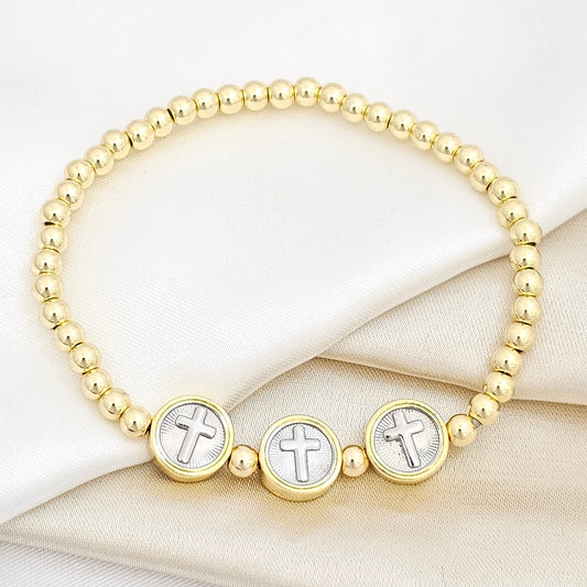 PULSERA FLEXIBLE BALINES DORADO TRES CRUCES PLATEADO RF K6907