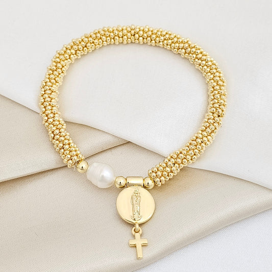 PULSERA FLEXIBLE DORADO CON PERLA Y DIJE VIRGEN RF K7499