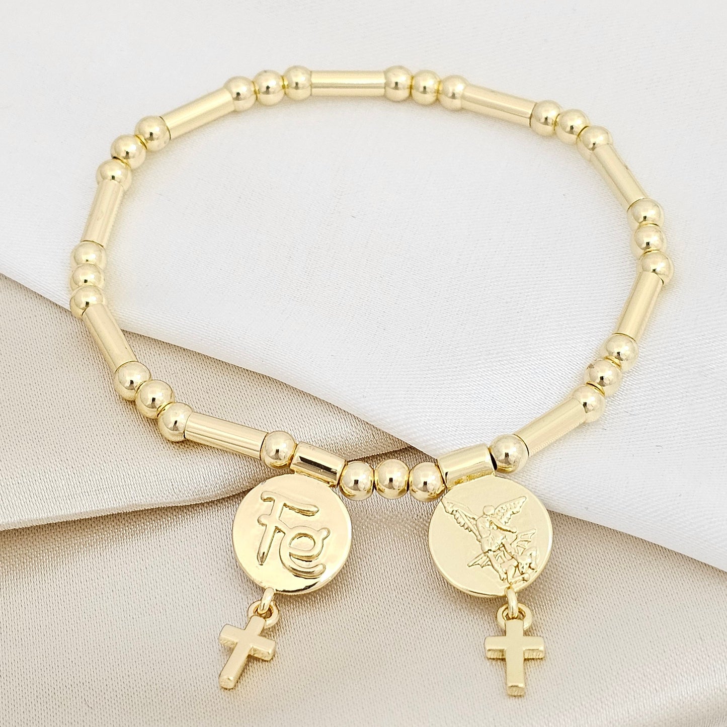 PULSERA CANUTILLO Y BALINES N4 DIJES FE Y SAN MIGUEL RF K7503