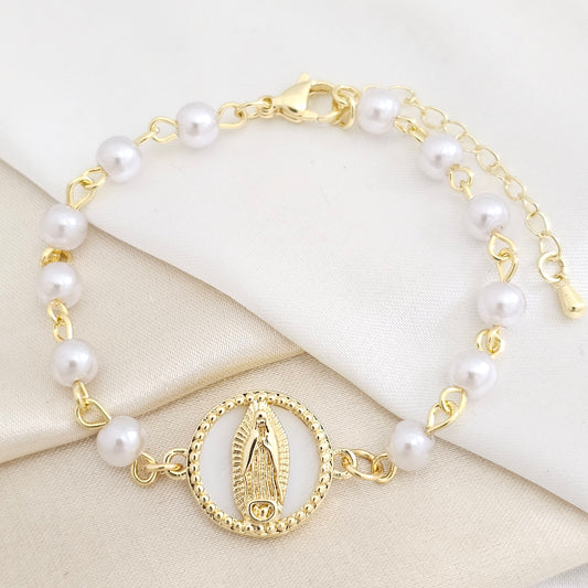 PULSERA PERLAS N6 DIJE NACAR CON VIRGEN DORADO RF K7771