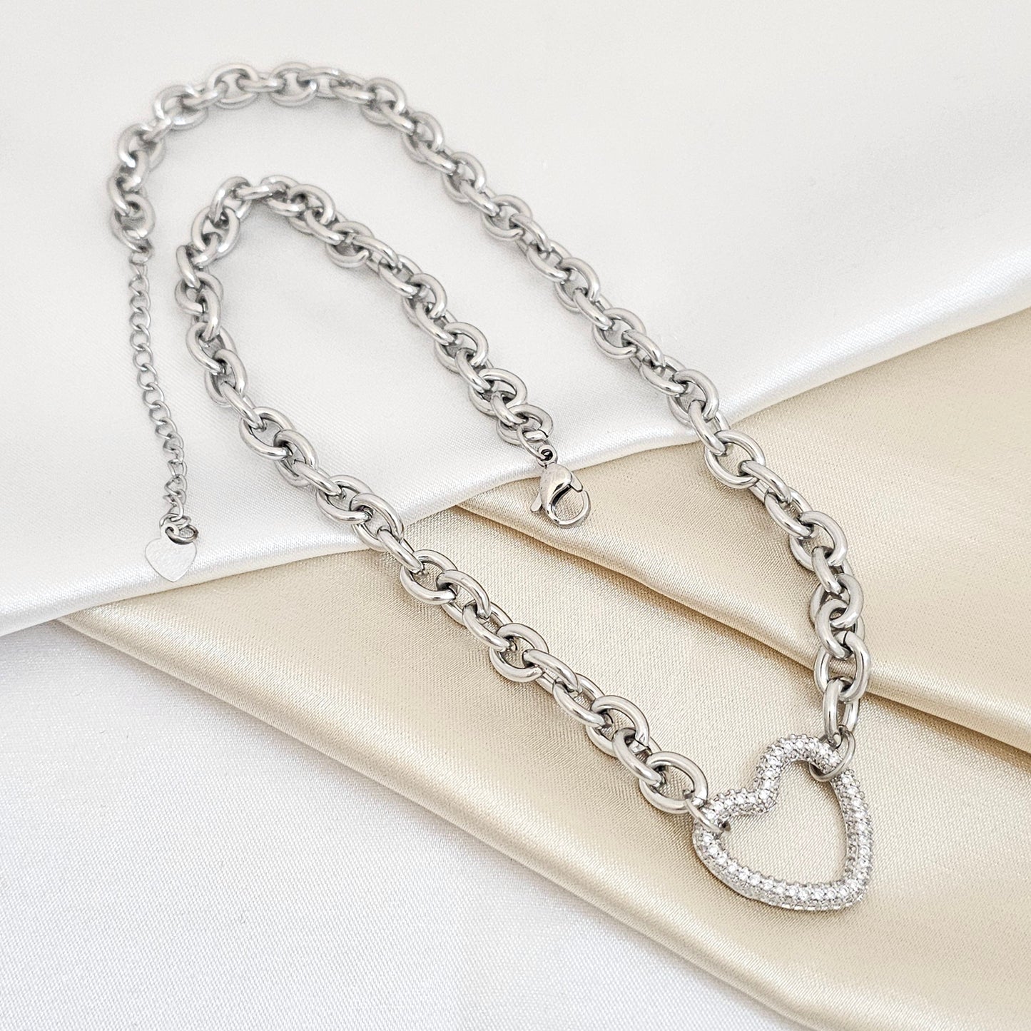CADENA AROS CON CORAZON CIRCONES EXTENSOR PLATEADO RF K5555