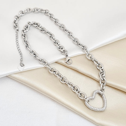 CADENA AROS CON CORAZON CIRCONES EXTENSOR PLATEADO RF K5555