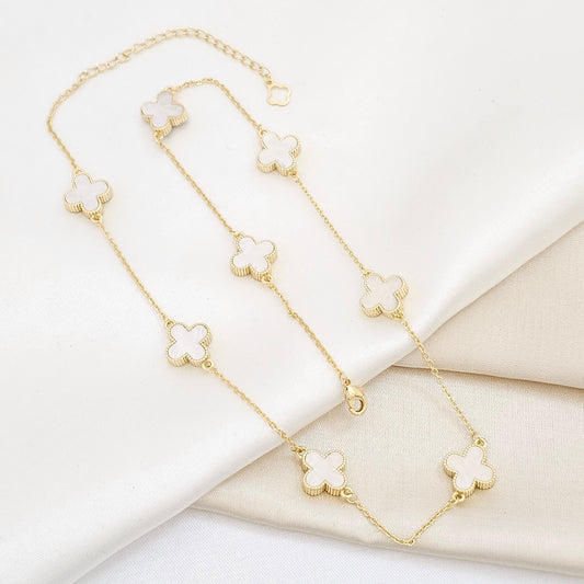 CADENA AROS DORADO TREBOL GRANDE BLANCO RF K6290