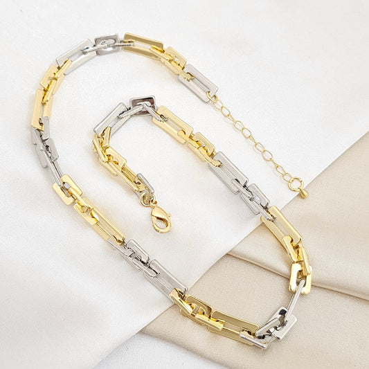 CADENA AROS CUADRADOS DORADO Y PLATEADO RF K6756