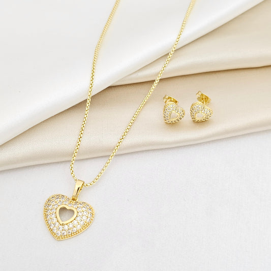 SET CADENA DIJE Y TOPO CORAZON DOBLE DORADO RF K6854