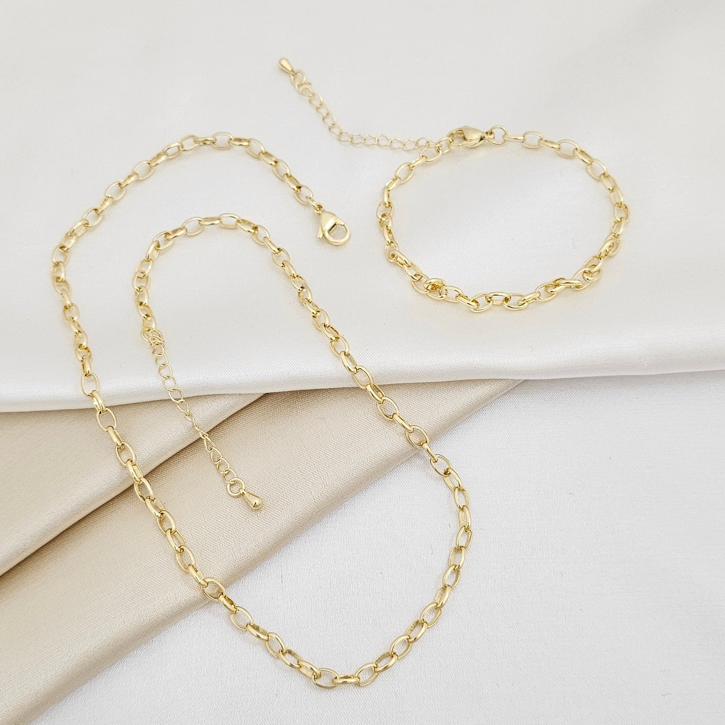 SET CADENA Y PULSERA AROS 4MM CON EXTENSOR DORADO RF K6976