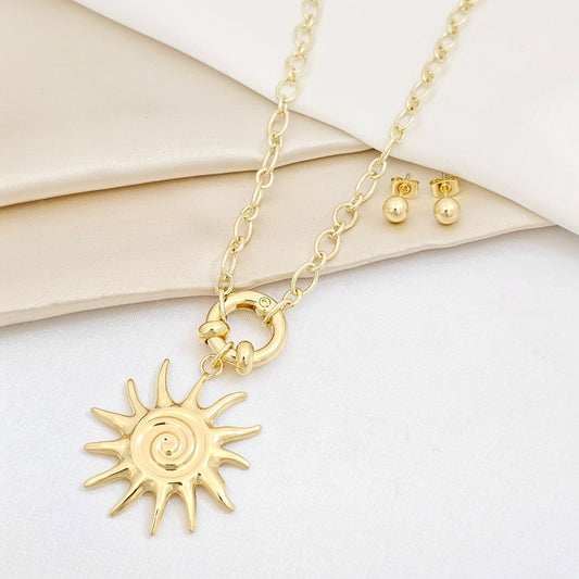 SET CADENA Y TOPO N6 AROS CON SOL DORADO RF K7551
