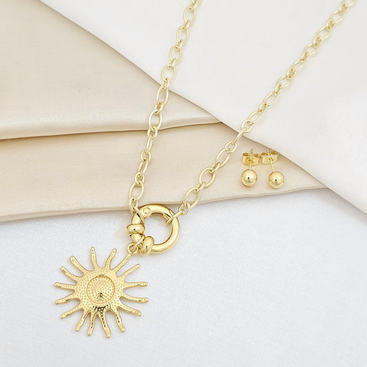 SET CADENA Y TOPO N6 AROS CON SOL CORRUGADO DORADO RF K7552