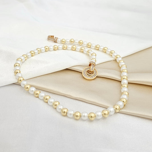 GARGANTILLA PERLAS Y BALINES DORADO BROCHE CRISTAL RF K7676