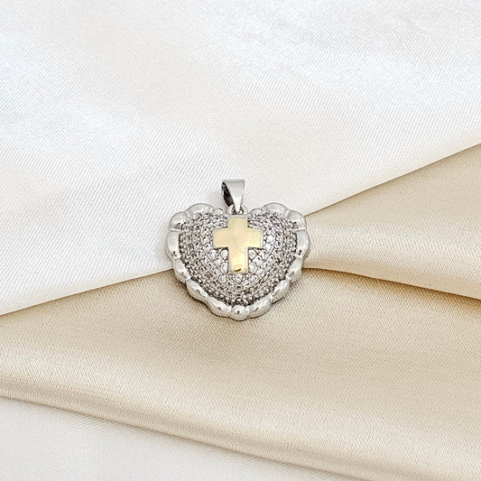 DIJE CORAZON PLATEADO MINI CRUZ DORADO RF K5463