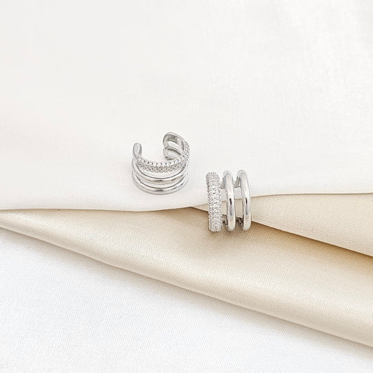 EARCUFF TRES LINEAS LISAS Y CIRCONES PLATEADO RF K5710