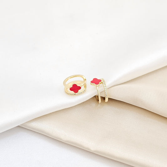 EARCUFF DOBLE LINEA DORADO TREBOL ROJO RF K6260