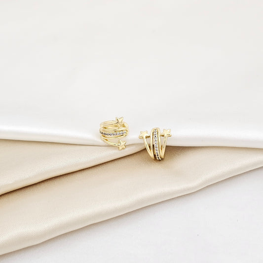 EARCUFF DOBLE ESTRELLAS Y LINEAS CIRCONES DORADO RF K7008