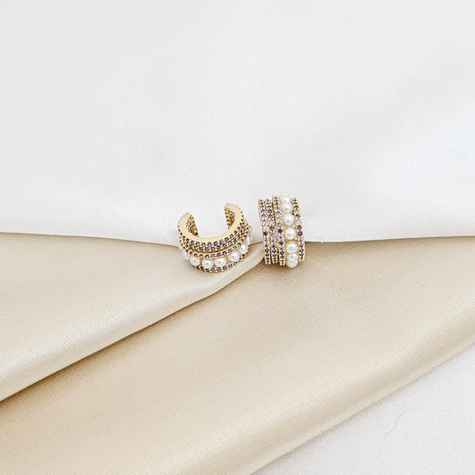 EARCUFF DORADO CON PERLAS Y CIRCONES LILA RF K7235