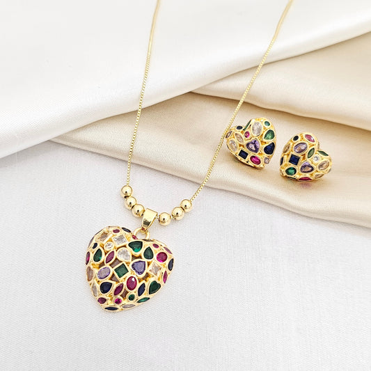 SET CADENA Y TOPO BALINES CON CORAZON CIRCONES DE COLORES RF K6936