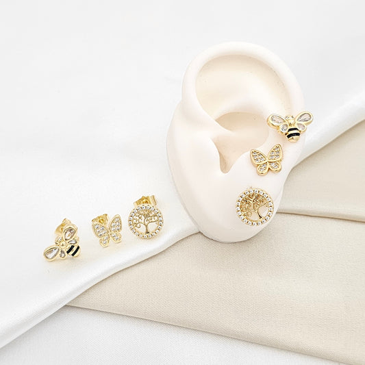 SET TRES TOPOS MARIPOSA ARBOL Y ABEJA DORADO RF K6534