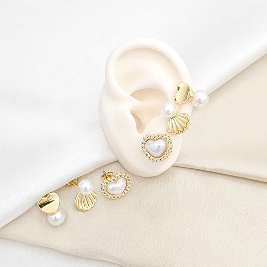 SET TRES TOPOS CORAZONES Y CONCHA CON PERLA DORADO RF K6600