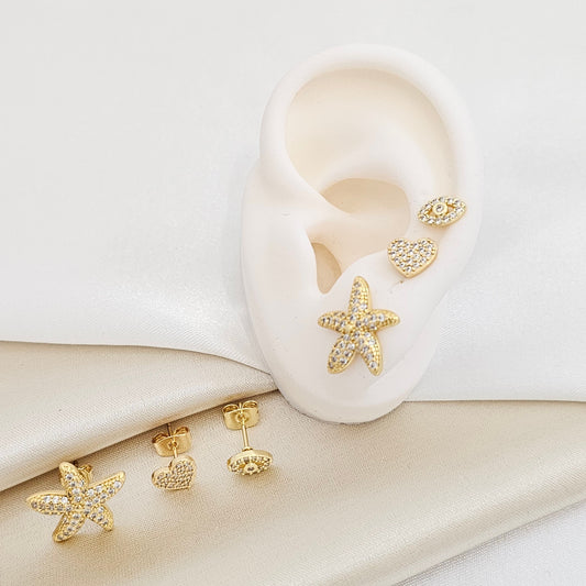 SET TRES TOPOS OJO CORAZON Y ESTRELLA CIRCONES DORADO RF K7251