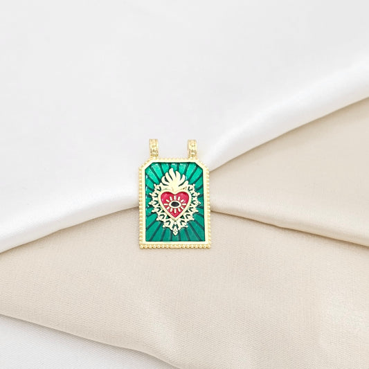 DIJE PLACA VERDE SAGRADO CORAZON ROJO Y DORADO RF K6485