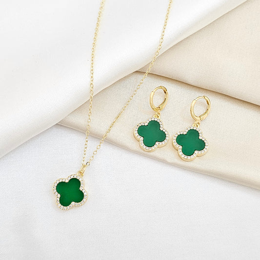 SET CADENA Y CANDONGA DORADO TREBOL VERDE RF K6243