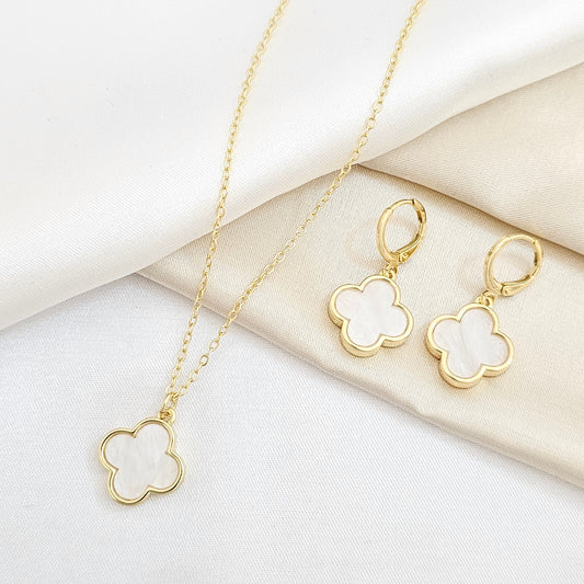 SET CADENA Y CANDONGA DORADO TREBOL LISO BLANCO RF K6244