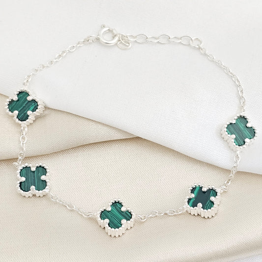 PULSERA CLOVER 5H MALAQUITA 10MM 17 CMS + EXT PLATA 925 B/S/55066