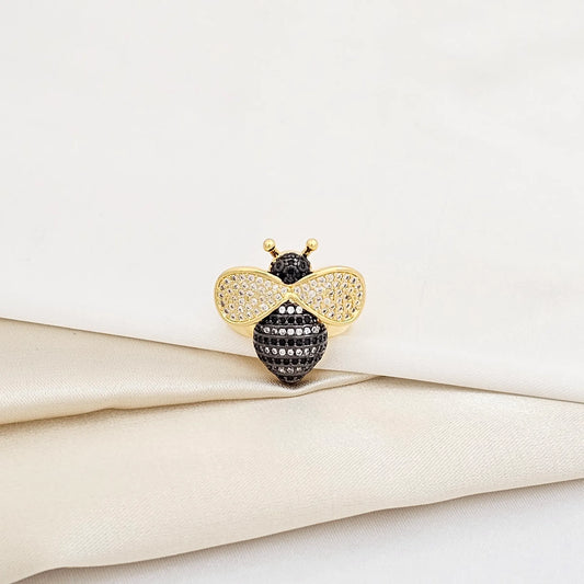 Anillo Abeja Con Circones Negros Dorado Rf K5939