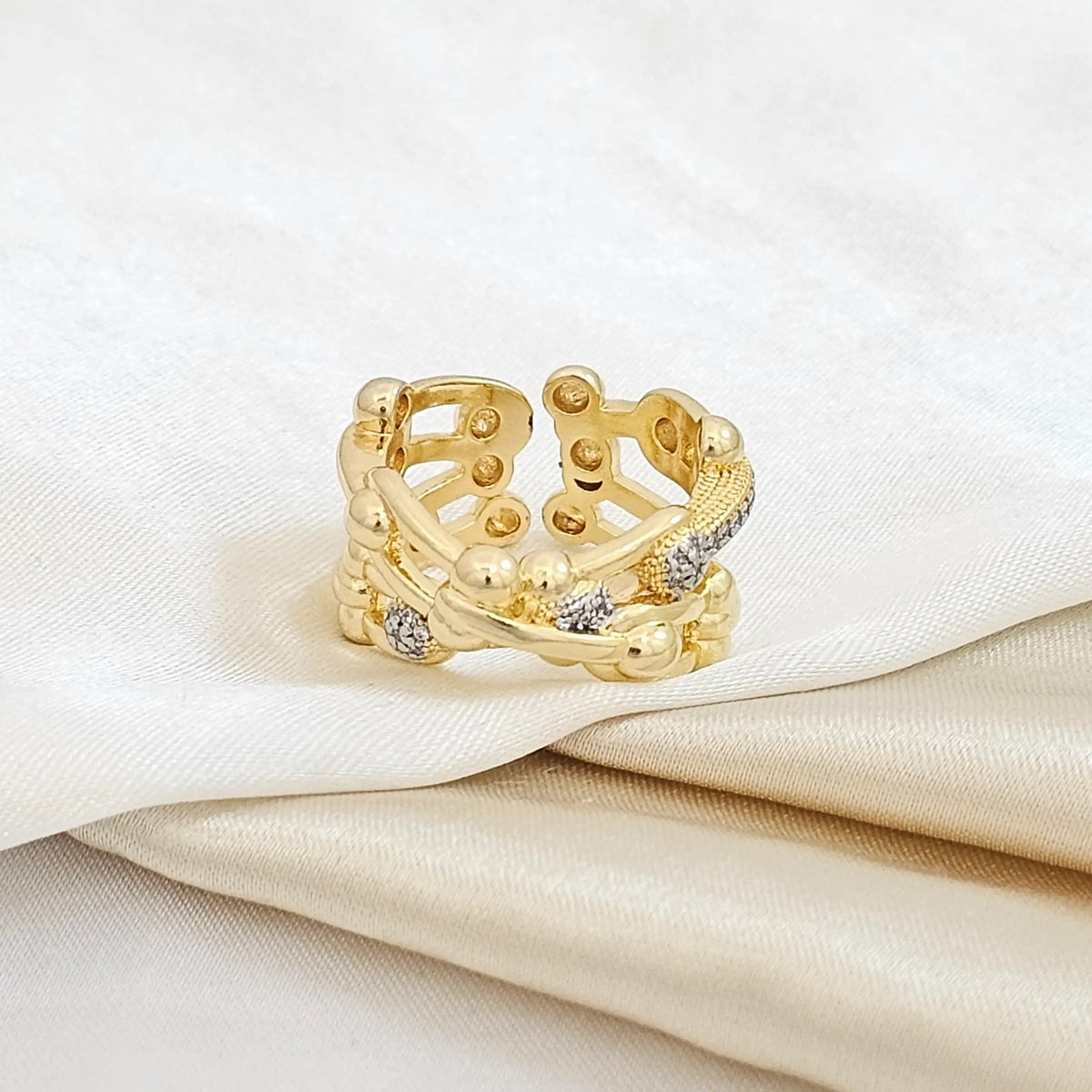 Anillo Balines Y Lineas Dorado Con Circones Rf K5002