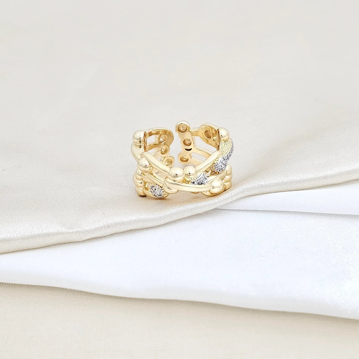 Anillo Cruzado Con Balines Dorado Circones Plateado Rf K5816