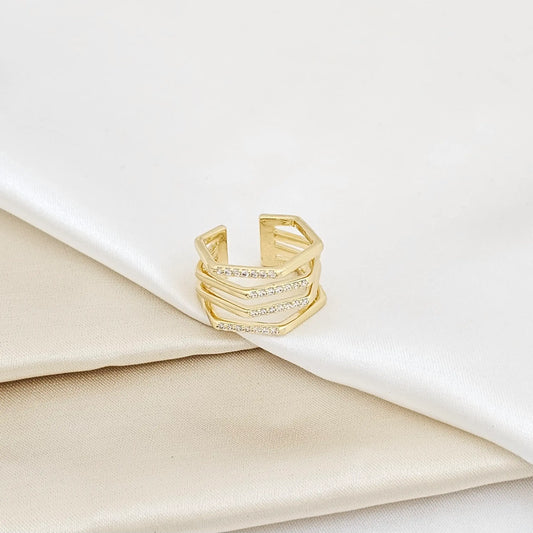 Anillo Cuadrado Cuatro Lineas Circones Dorado Rf K5678