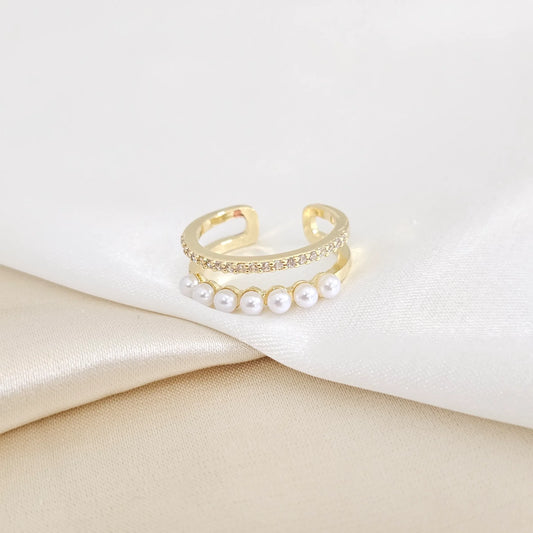 Anillo Doble Liso Dorado Con Siete Perlas Rf K7945