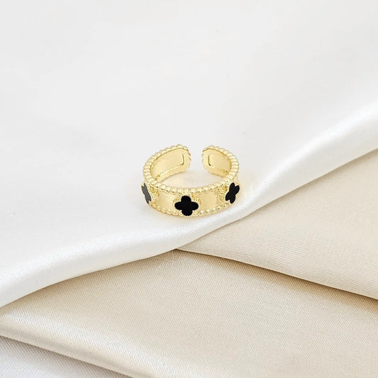 Anillo Dorado Triple Trebol Negro Rf K6232